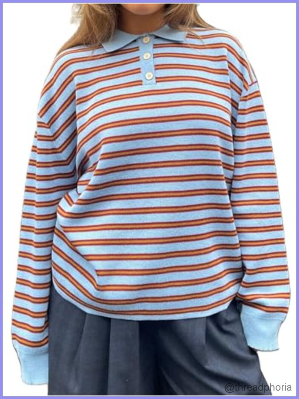 Oversized Striped Rugby Polo Shirt Women Long Sleeve